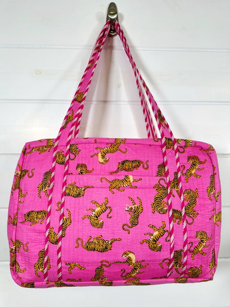 Bright Pink Tiger Print Quilted Weekender Overnight Bag