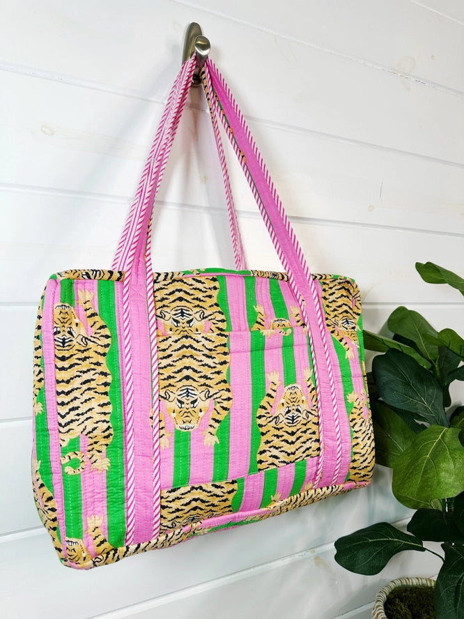 Tiger Print Pink Green Quilted Weekender Overnight Bag