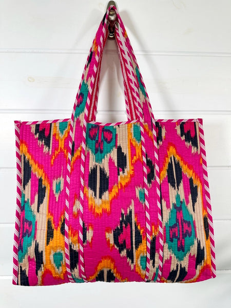 Pink Southwest Ikat Print Quilted Cotton Tote Bag