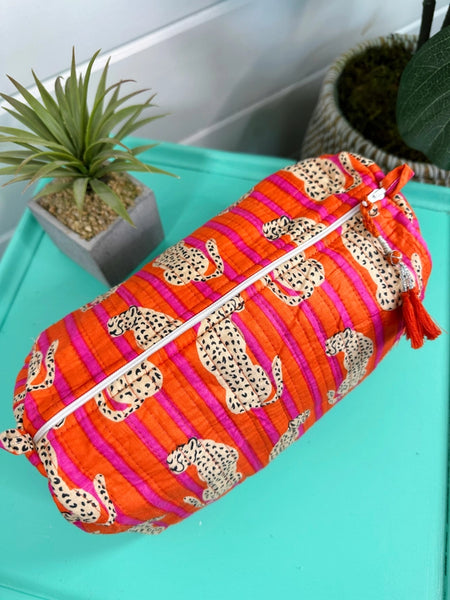 Orange Pink Jaguar Print Quilted Makeup Cosmetics Toiletry Bag