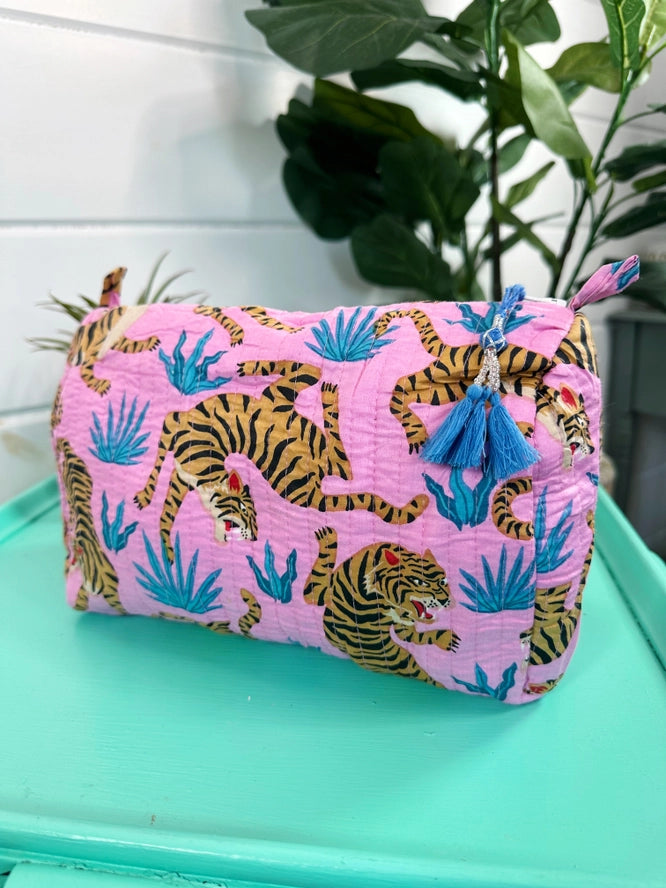 Light Pink Tiger Print Quilted Makeup Cosmetics Toiletry Bag