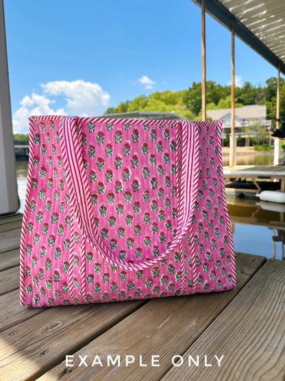 Pink Southwest Ikat Print Quilted Cotton Reversible Large Tote Bag