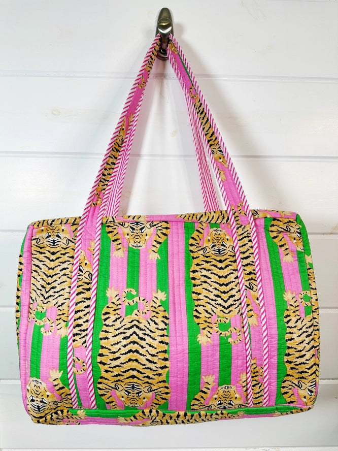 Tiger Print Pink Green Quilted Weekender Overnight Bag