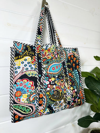 Black Paisley Colorful Quilted Cotton Reversible Large Tote Bag