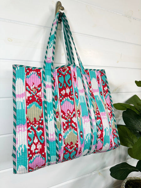 Red Turquoise Ikat Quilted Cotton Tote Bag