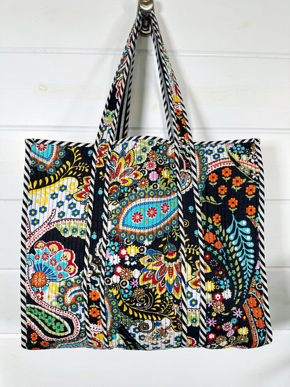 Black Paisley Colorful Quilted Cotton Reversible Large Tote Bag