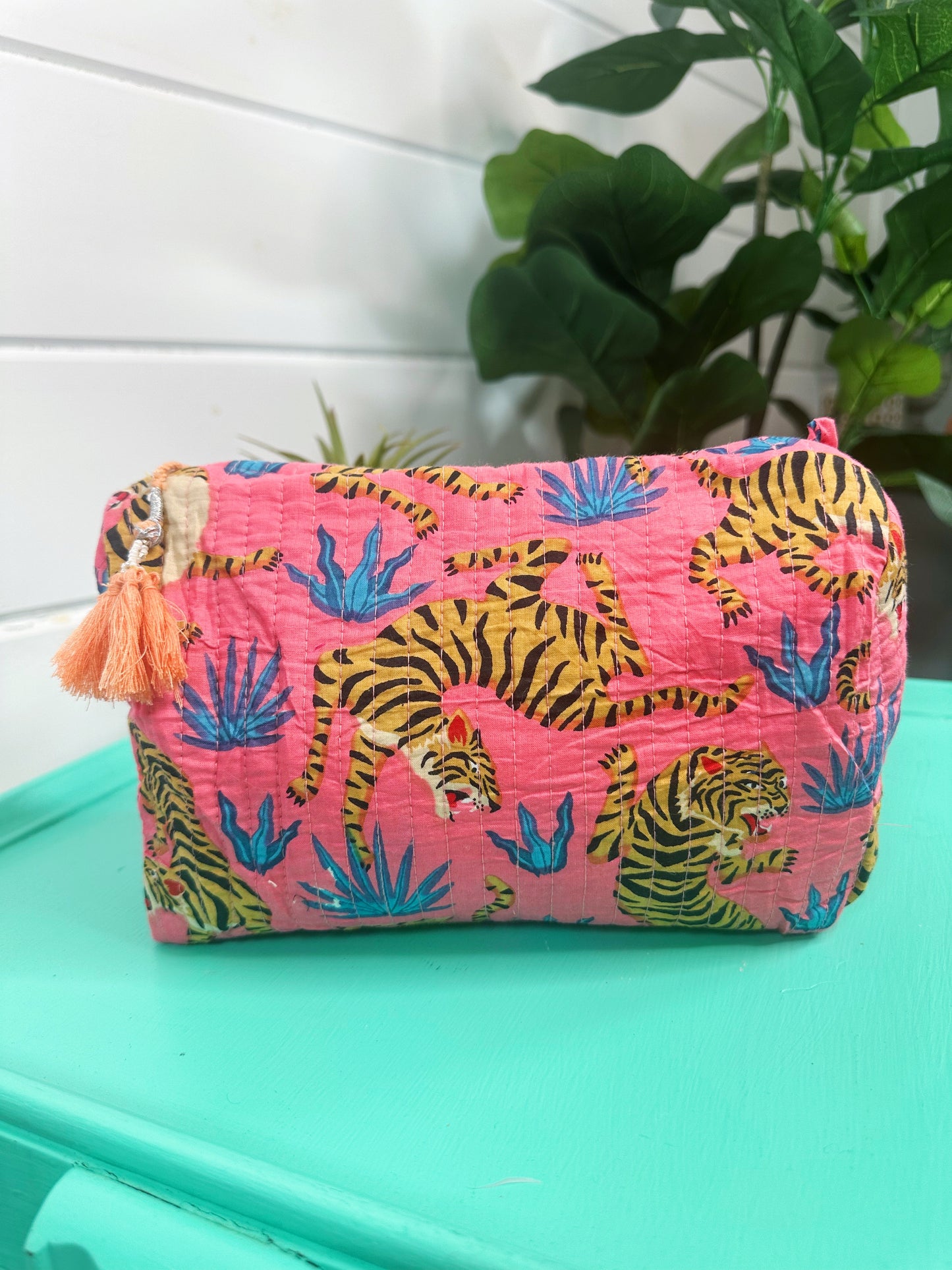 Rose Pink Tiger Print Quilted Makeup Cosmetics Toiletry Bag