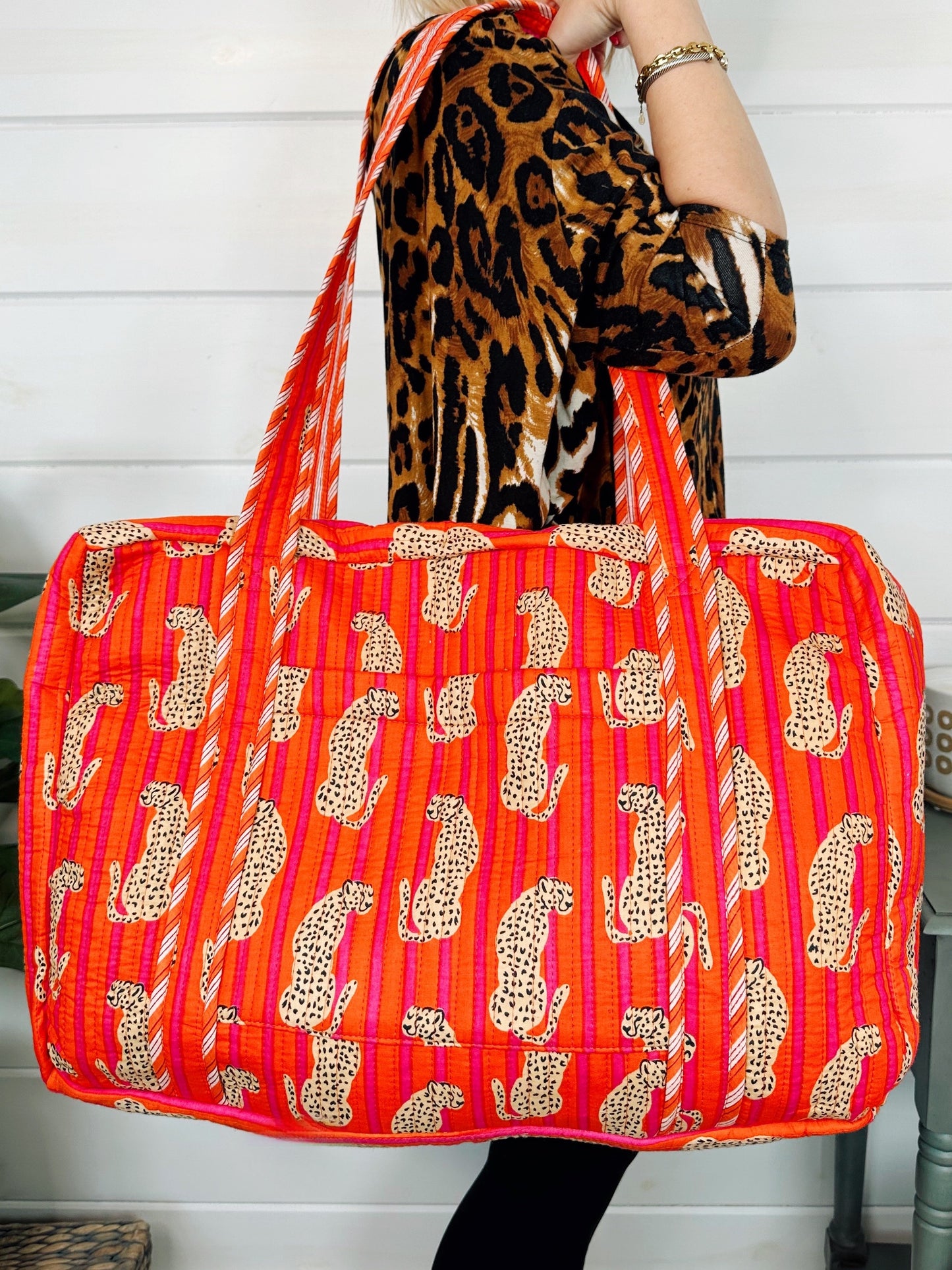 Jaguar Print Orange Pink Stripes Quilted Weekender Overnight Bag