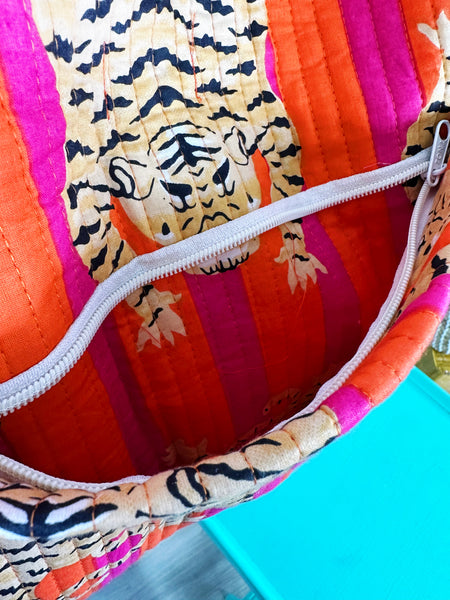 Tiger Print Orange Pink Stripes Quilted Weekender Overnight Bag