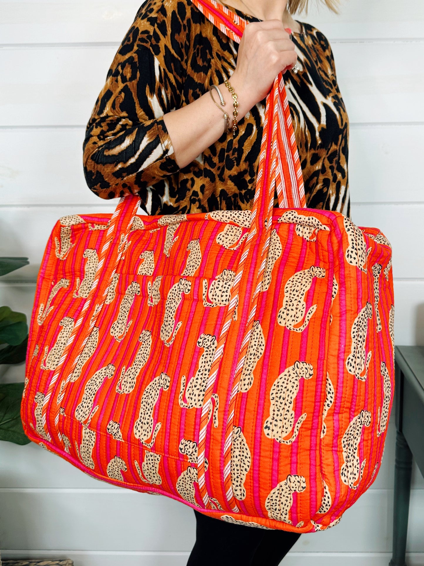 Jaguar Print Orange Pink Stripes Quilted Weekender Overnight Bag